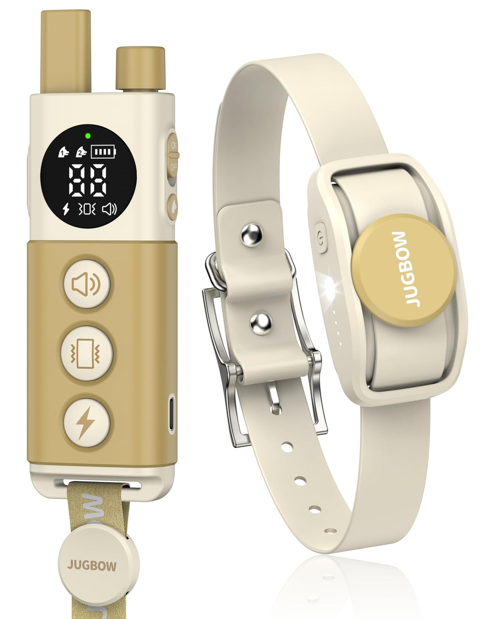 Jugbow Shock Collar beige packaging shows a complete remote training system for dogs.
