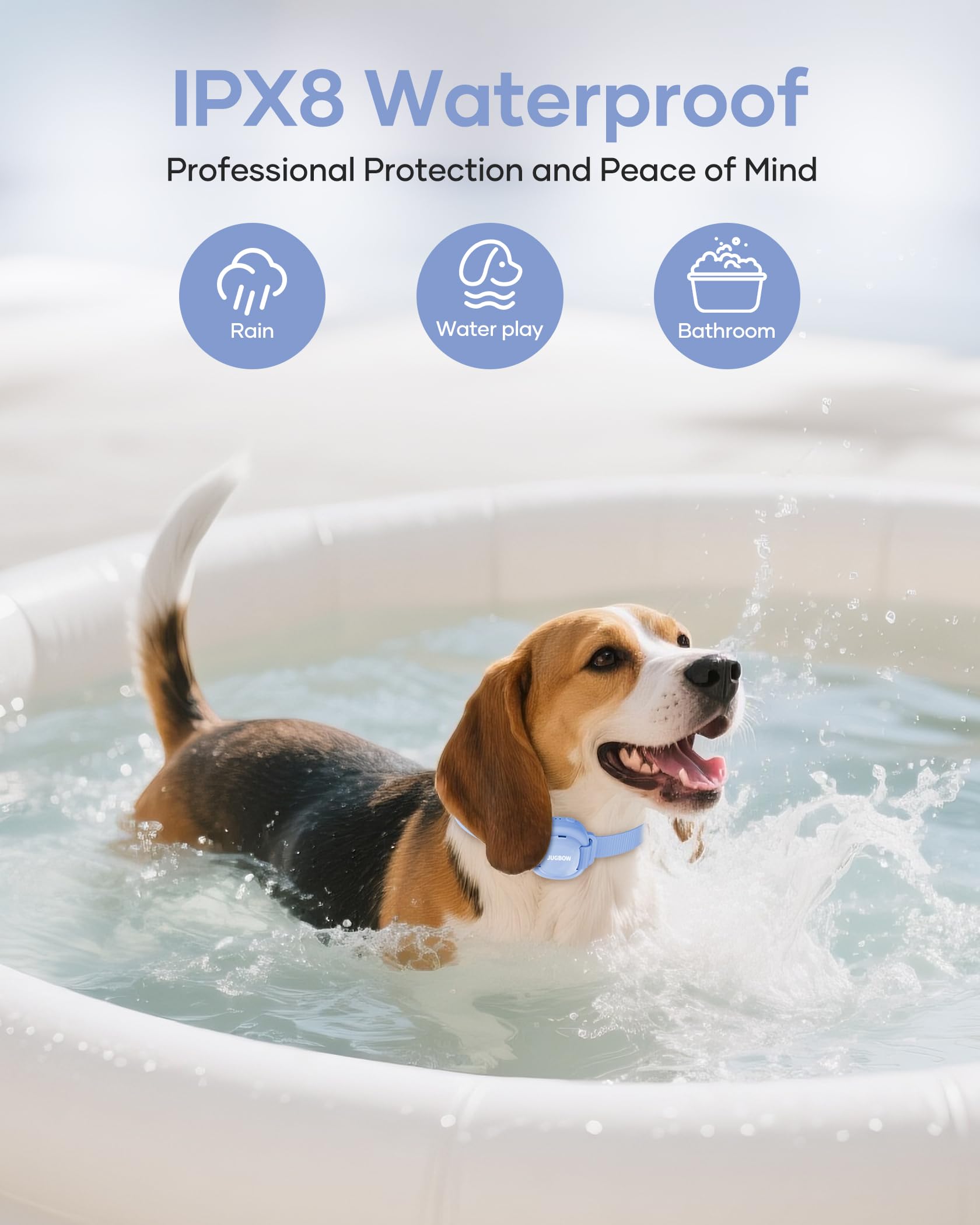 Jugbow IPX8 waterproof collar withstands rain and splashes for reliable outdoor wear.