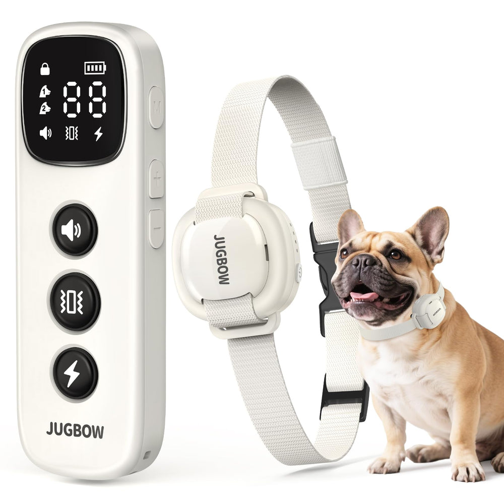 Jugbow shock collar receiver on a soft nylon strap, lightweight for small dogs.