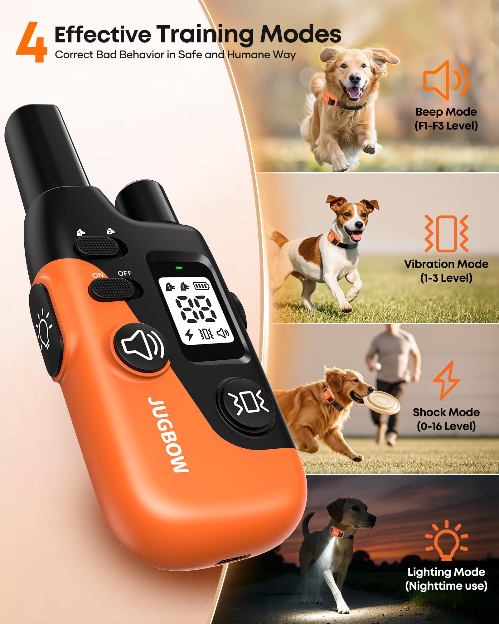 Jugbow Shock Collar remote-control allows quick mode switching for responsive training sessions