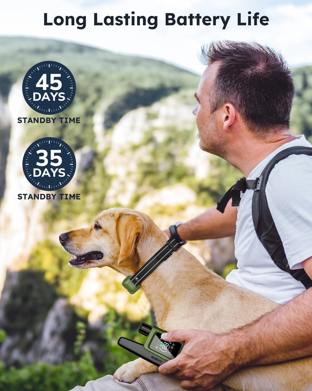 Jugbow soft nylon strap fits dogs 10-120 lbs with adjustable neck sizing.