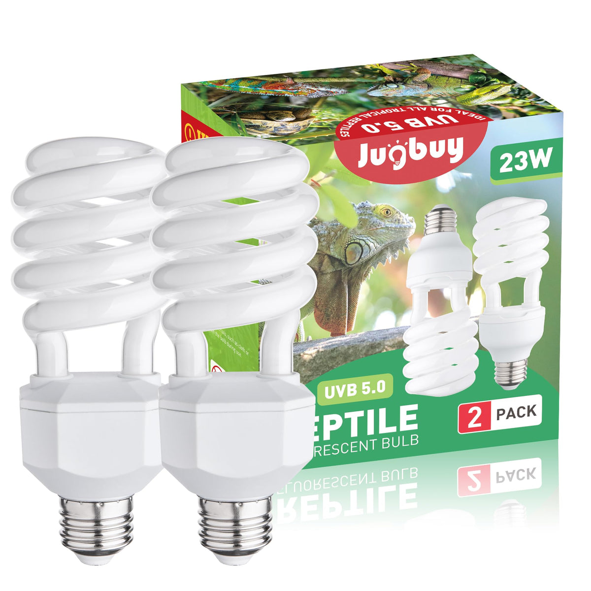 Jugbuy UVB 5.0 2-pack bulbs front view for quick tropical terrarium setup.