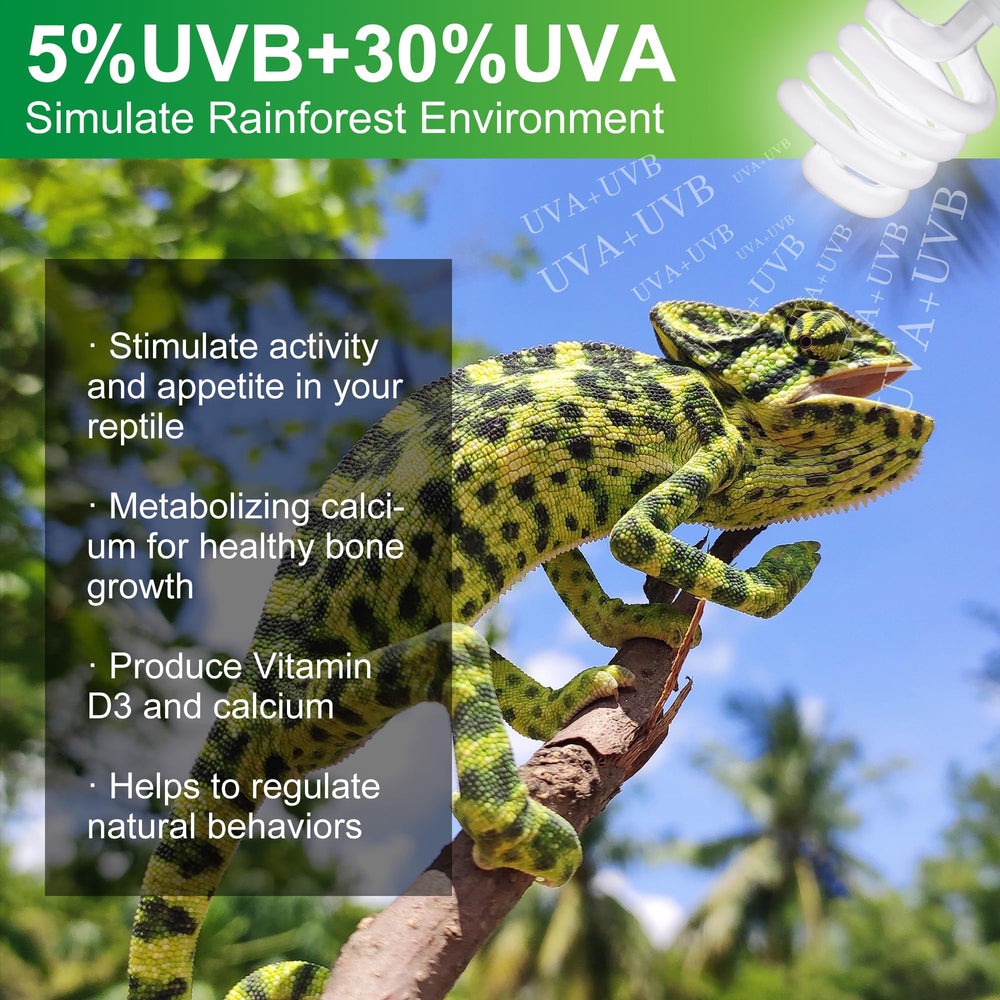 Jugbuy UVB 5.0 2-pack UV spectrum coverage shows balanced UVB/UVA for activity.