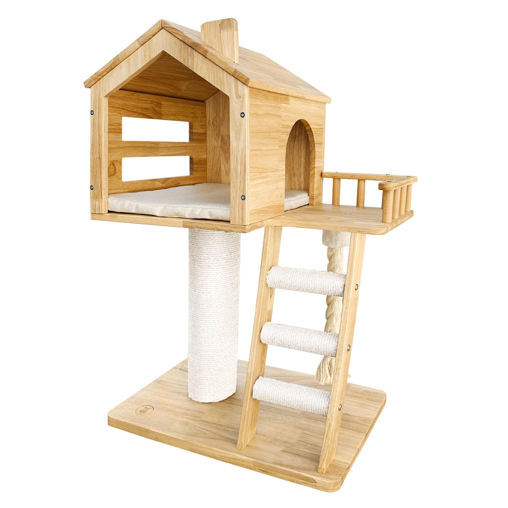 Jugglenaut Modern Cat Tree in white with scratching column for furniture protection and indoor fun.