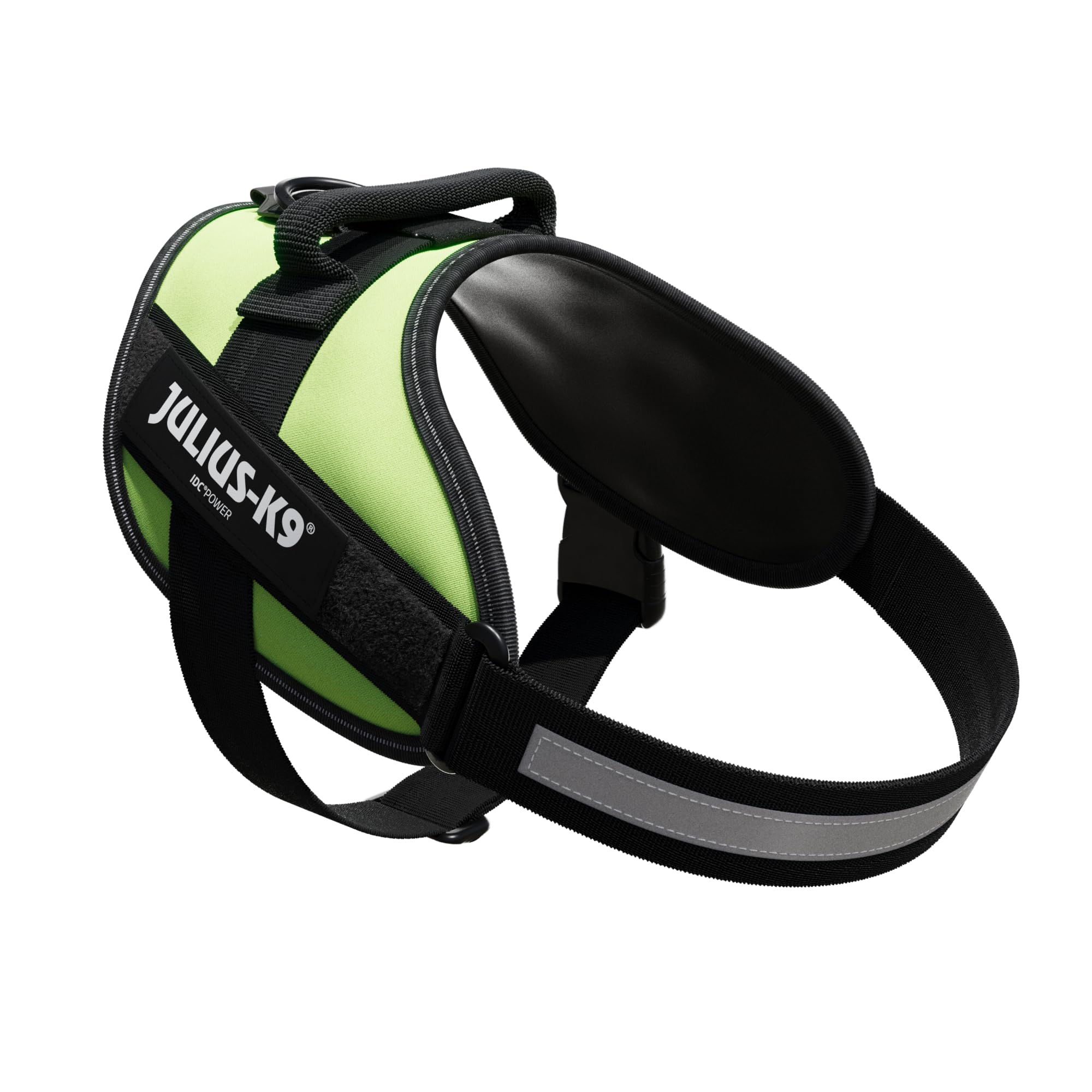 Julius-K9 IDC Powerharness neon green back view showing buckles and reflectivity.