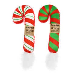 Jumpaws candy cane catnip kicker toy in action for indoor play and exercise