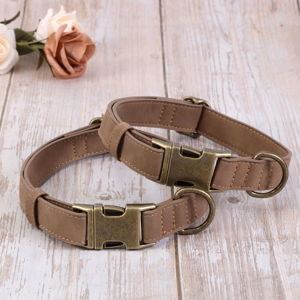 Jumpress adjustable brown collar demonstrates size range for large dogs.