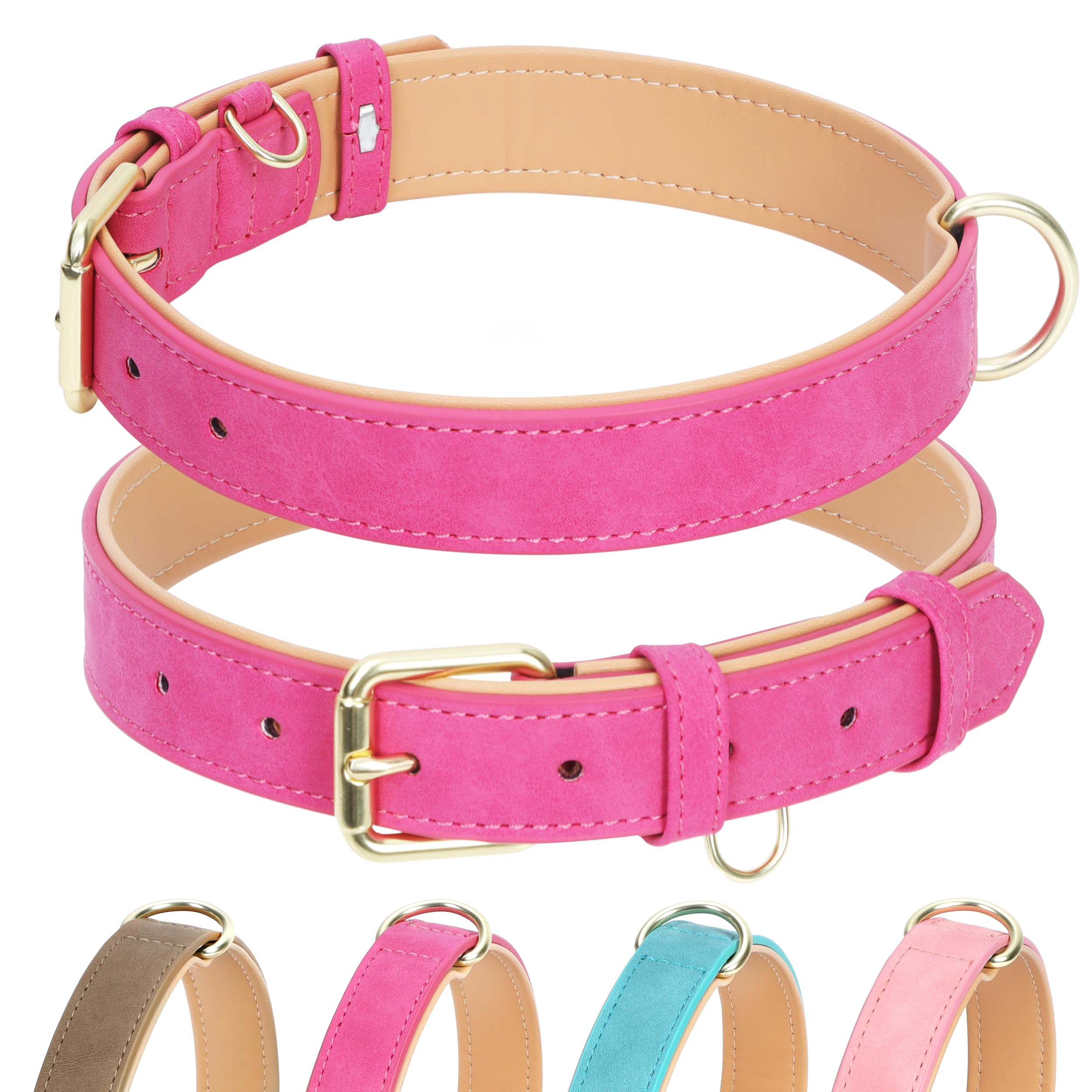 Jumpress hot pink leather collar closeup shows soft padding for daily comfort.