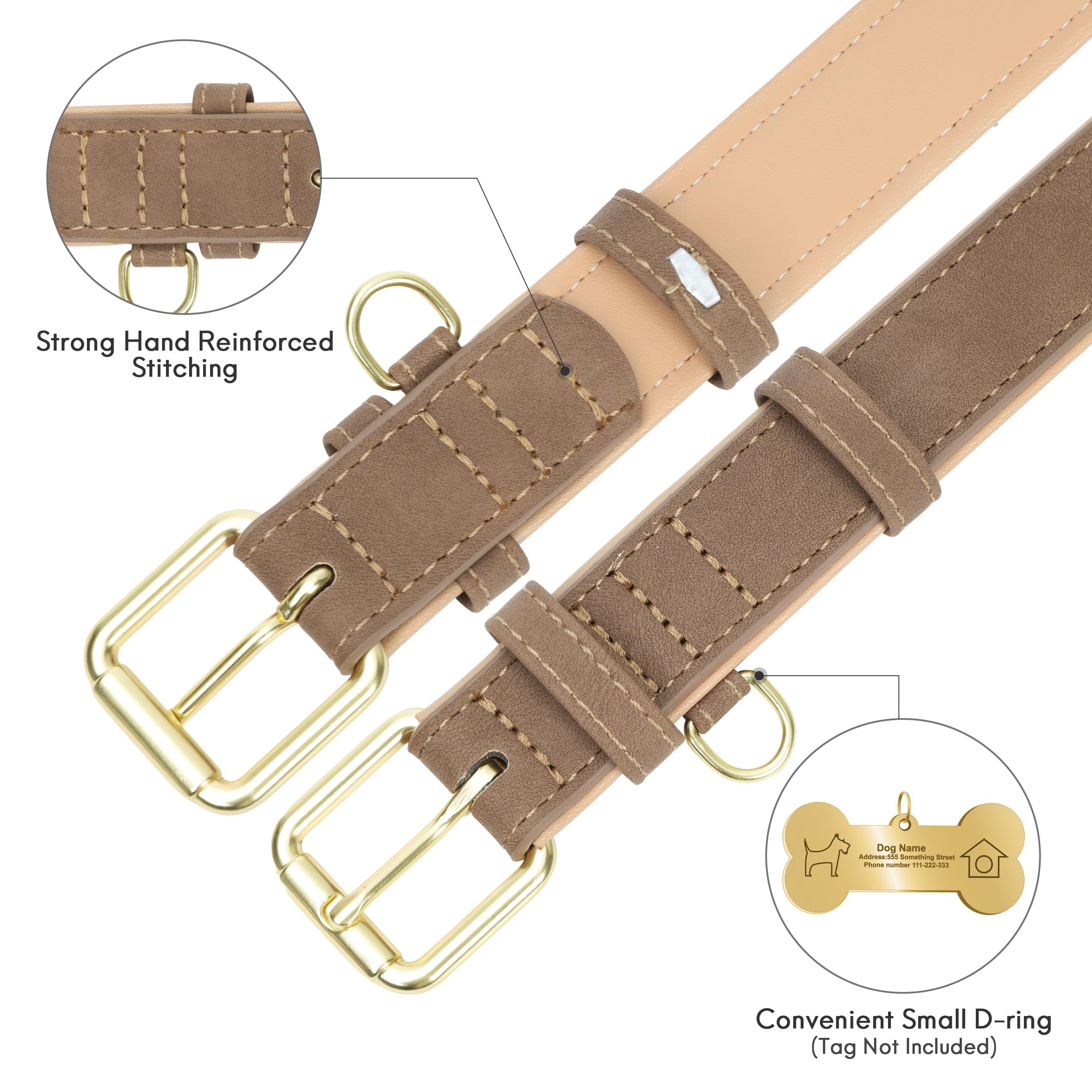 Jumpress leather dog collar light brown heavy-duty gold buckle detail for reliable daily use.