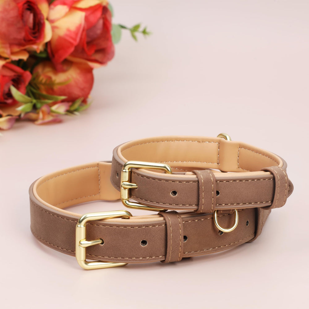 Jumpress leather dog collar light brown D-ring close-up reveals multi-use tag ring and sturdiness.