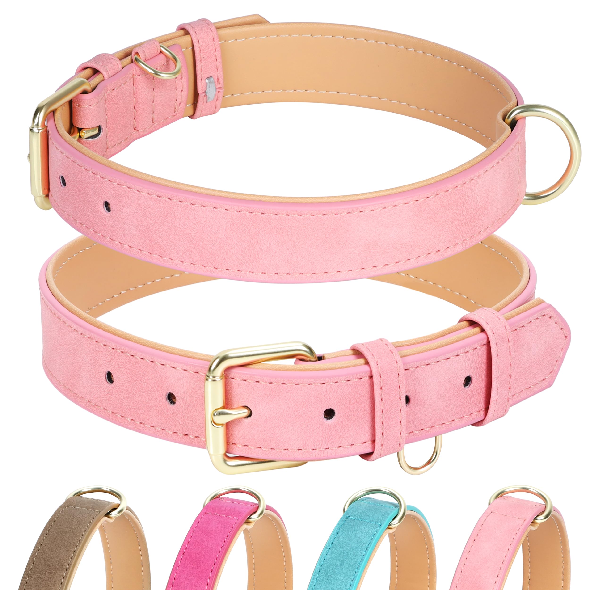 Jumpress pink leather dog collar close-up showing soft padding for comfort.