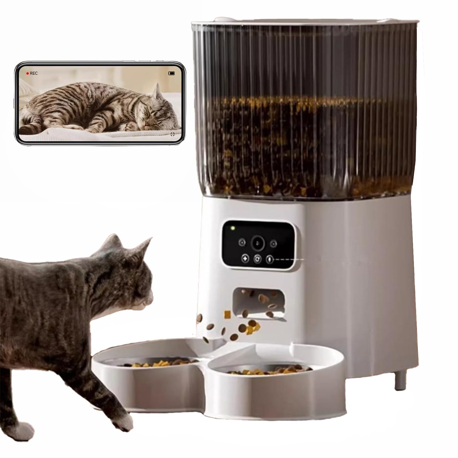 Junbec-Pet automatic cat feeder front view showing camera for real-time monitoring during meals