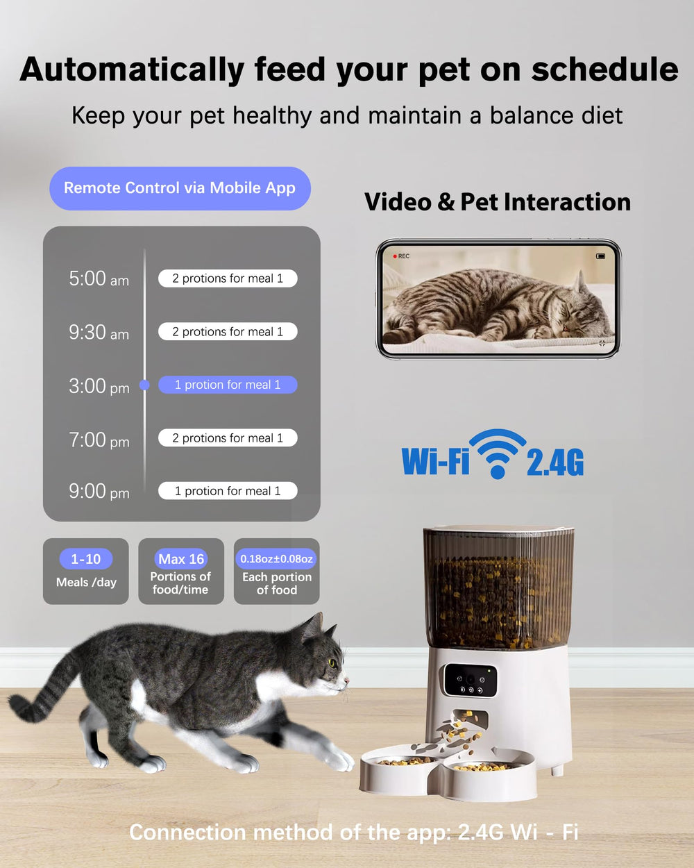 Junbec-Pet feeder interior dispense area displaying 5L capacity and portions