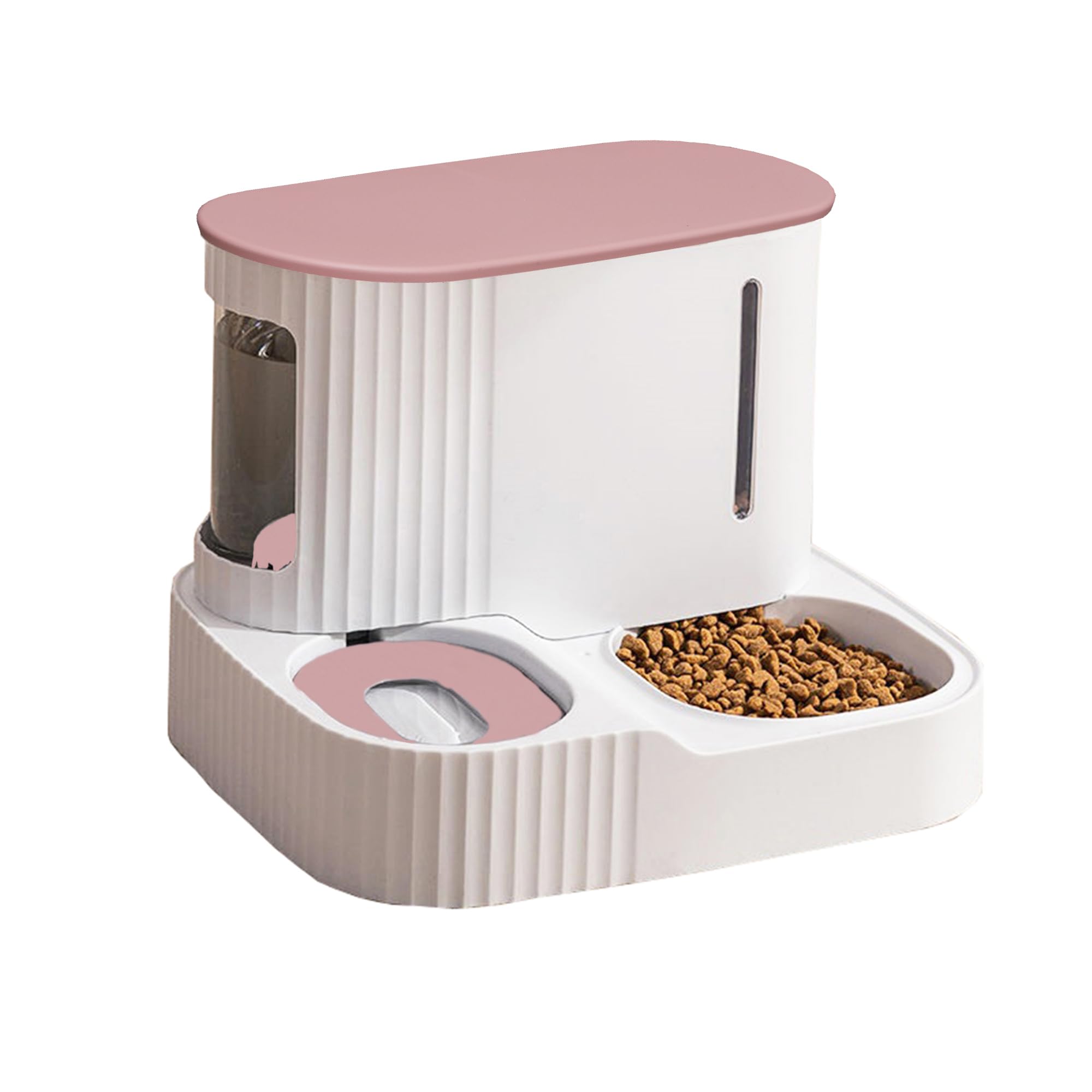 Junbec-Pet cat feeder and water dispenser pink side view for mess-free feeding.