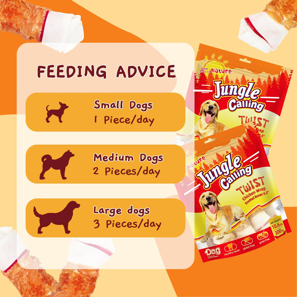 Jungle Calling chicken-meat wrapped rawhide—savory flavor dogs crave.