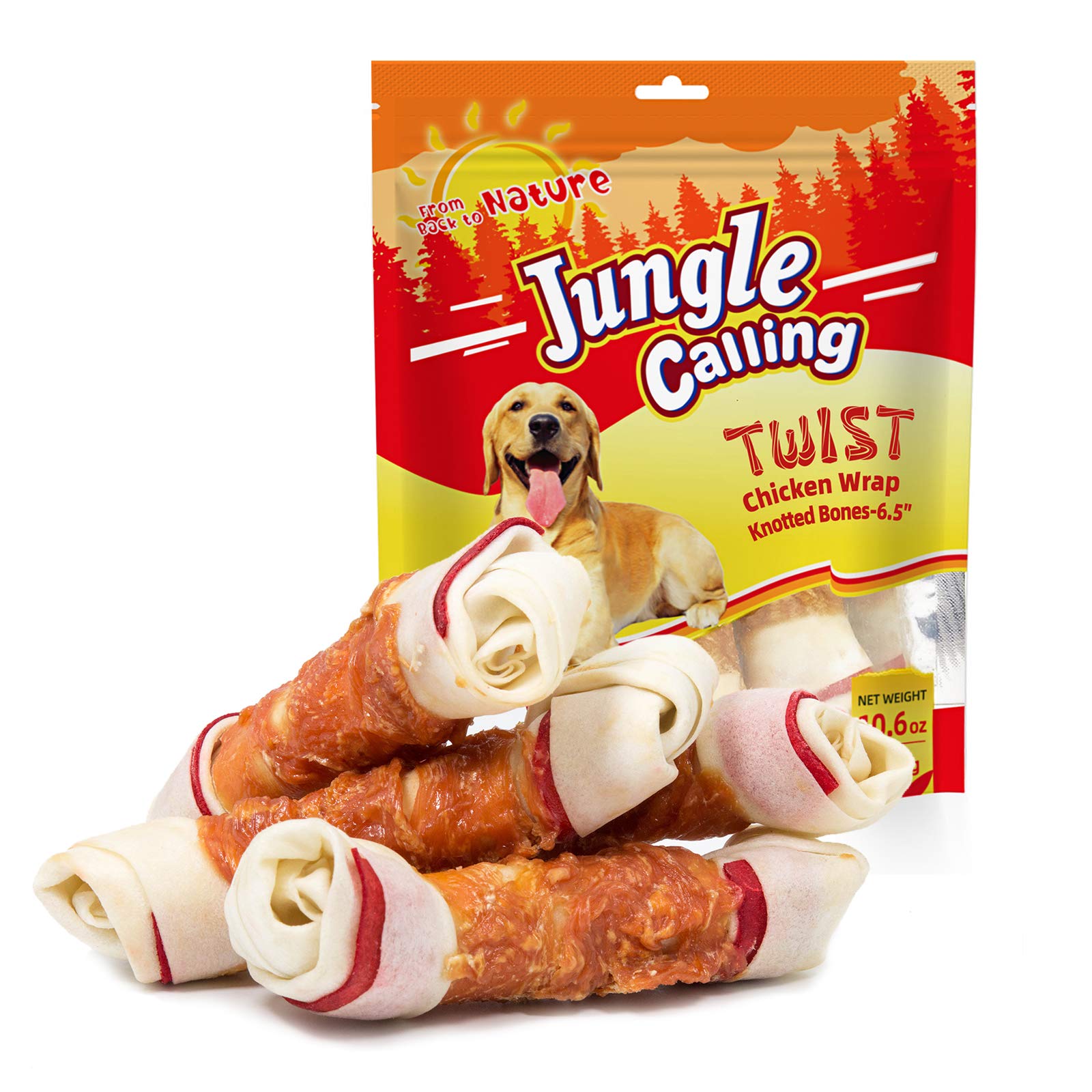 Jungle Calling chicken-wrap knotted bones 6.5-inch—long-lasting chew for large dogs.