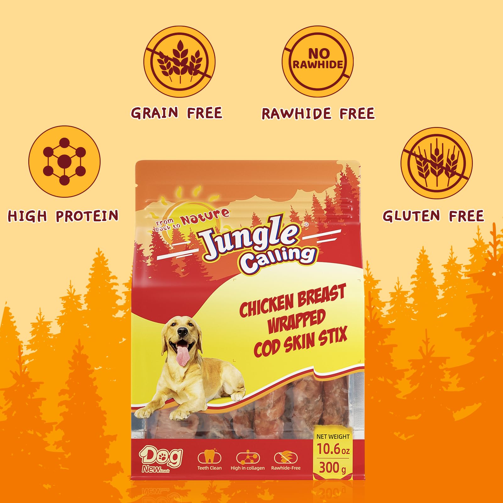 Jungle Calling chicken-wrapped cod skin sticks closeup shows grain-free, tasty chews.
