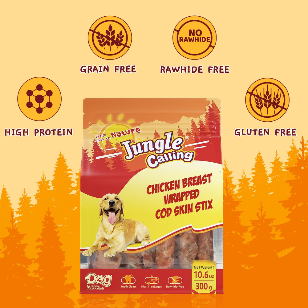 Jungle Calling chicken-wrapped cod skin sticks closeup shows grain-free, tasty chews.