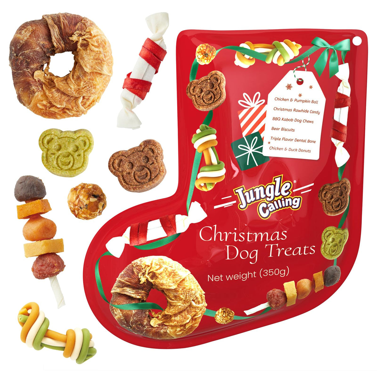 Jungle Calling Christmas dog treats pack front shows festive variety for holiday joy