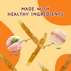 Jungle Calling dog training rewards with chicken-wrapped cod wrap are engaging chews.