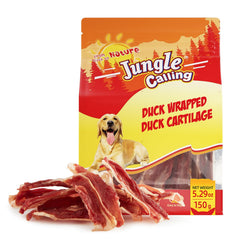 Jungle Calling Duck Wrapped Bones pack shows rawhide-free, high-protein dog treats.