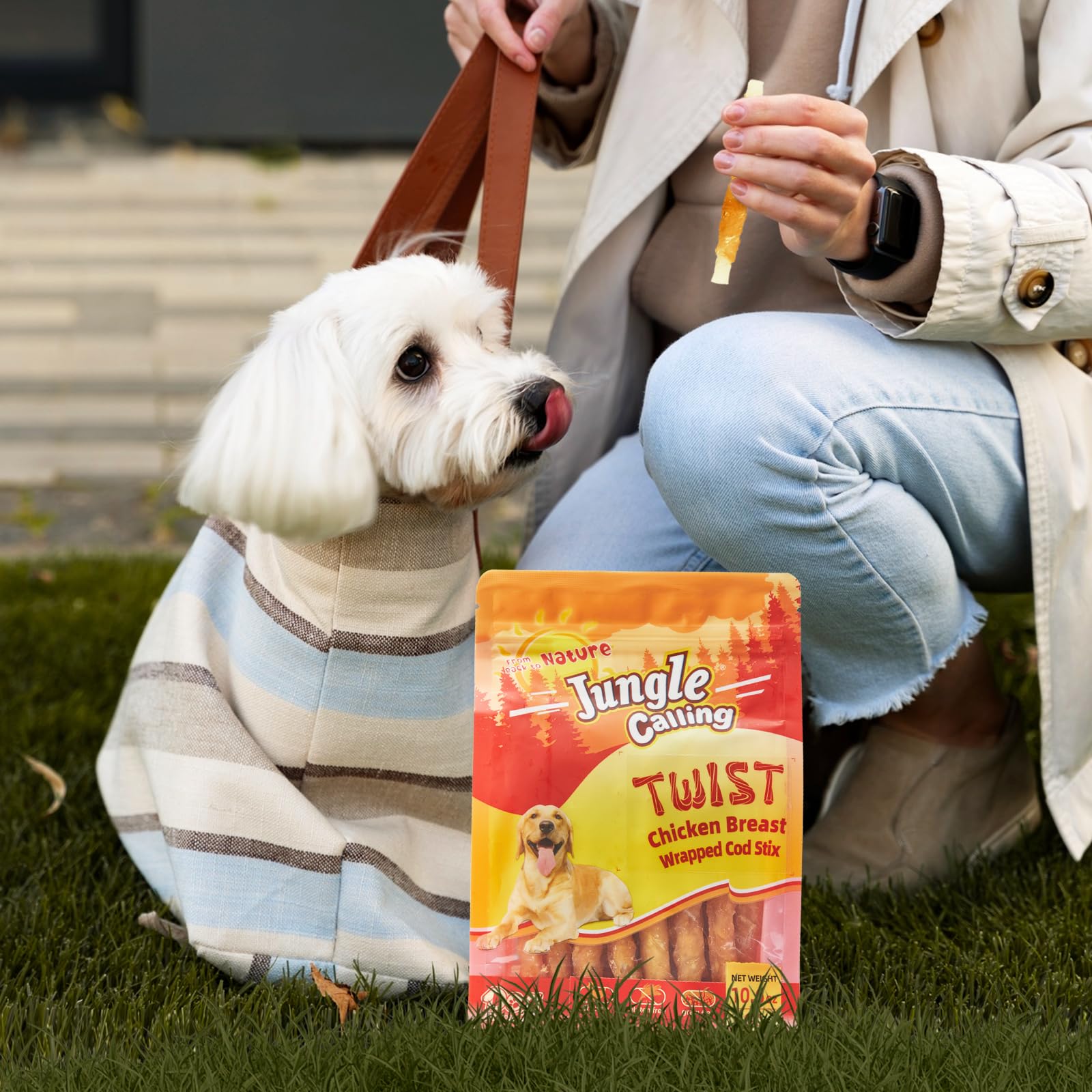 Jungle Calling packaging with chicken-wrapped cod-stick collection for tasty chews.