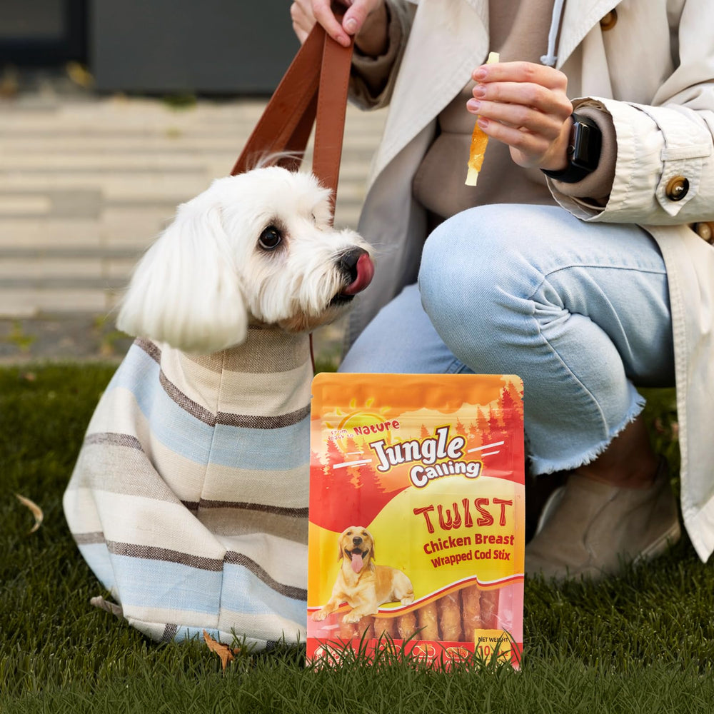 Jungle Calling packaging with chicken-wrapped cod-stick collection for tasty chews.
