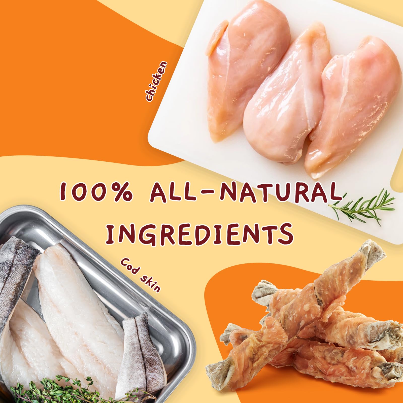 Jungle Calling omega-3-rich cod skin treats illustrate coat-friendly nutrients.