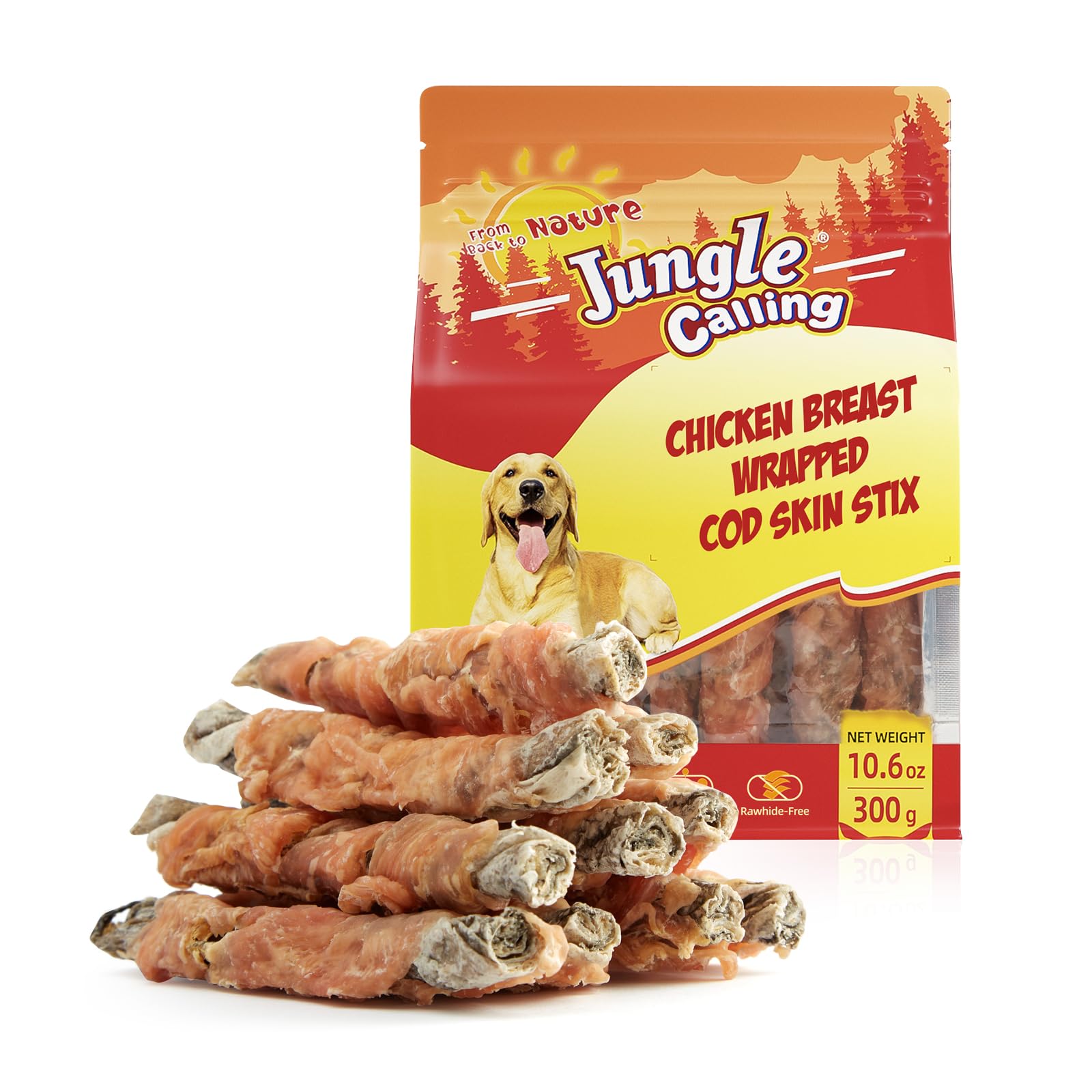 Jungle Calling packaging closeup highlights high-protein dog treats for rewards.