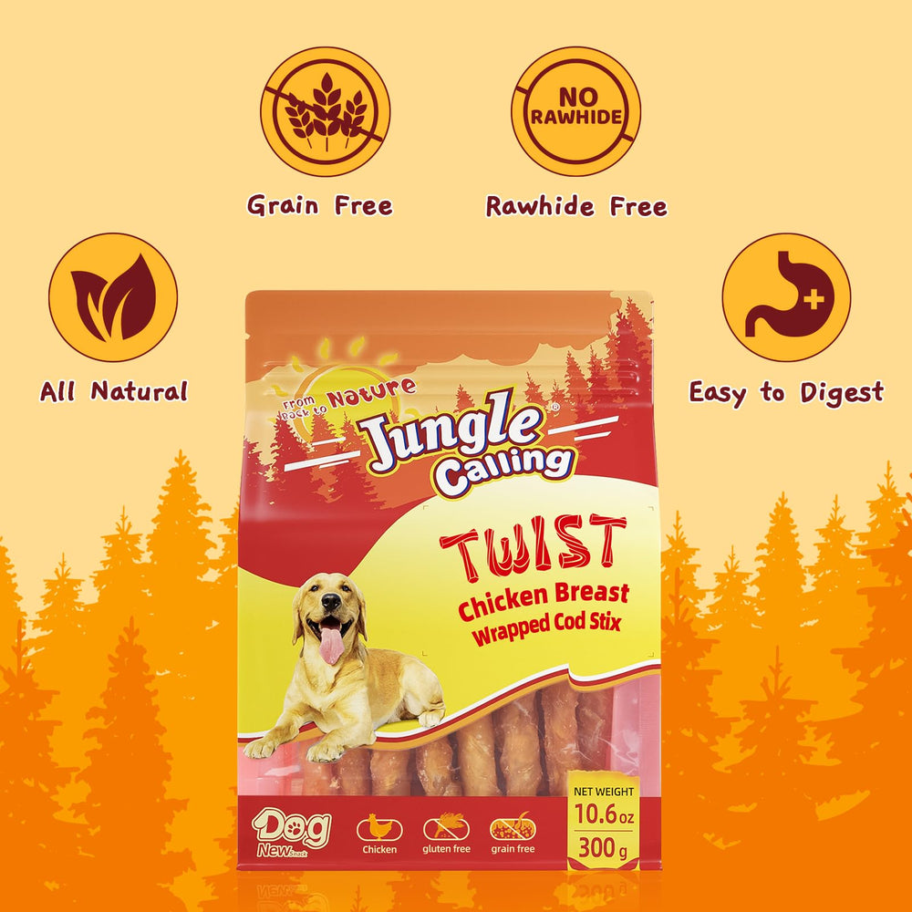 Jungle Calling rawhide-free treats; chicken-wrapped cod stick emphasizes easy-digest ingredients.