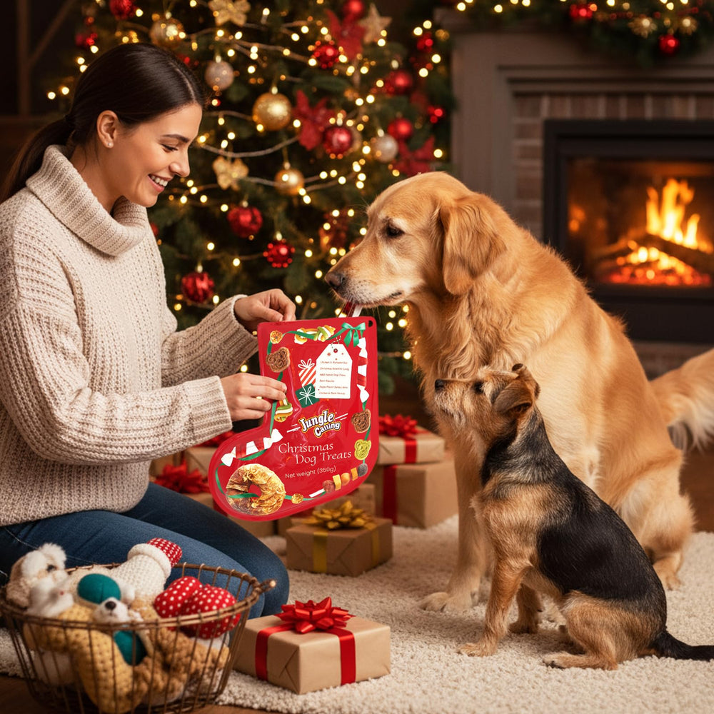 Jungle Calling stocking-ready treats image suggests perfect holiday stocking stuffers for dogs