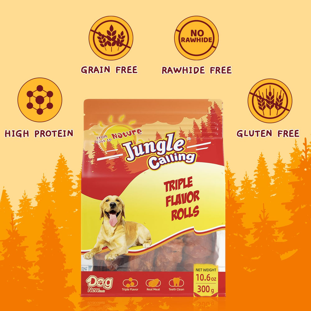 Jungle Calling Triple Flavor Rolls real chicken, duck and beef close-up showing premium ingredients