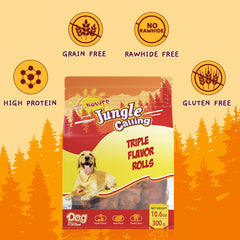Jungle Calling Triple Flavor Rolls real chicken, duck and beef close-up showing premium ingredients