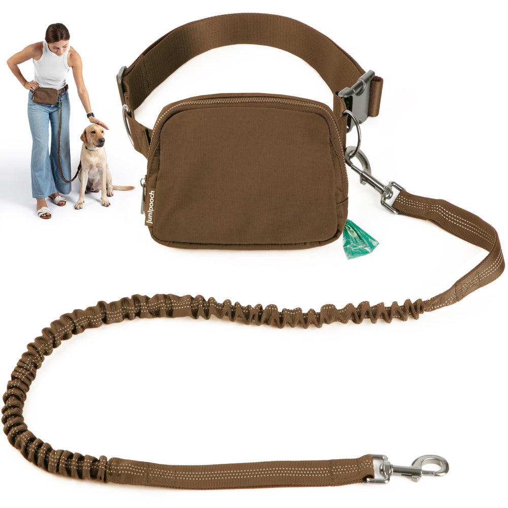 JUNIPOOCH hands-free leash pouch strap worn at the waist for effortless city walks.
