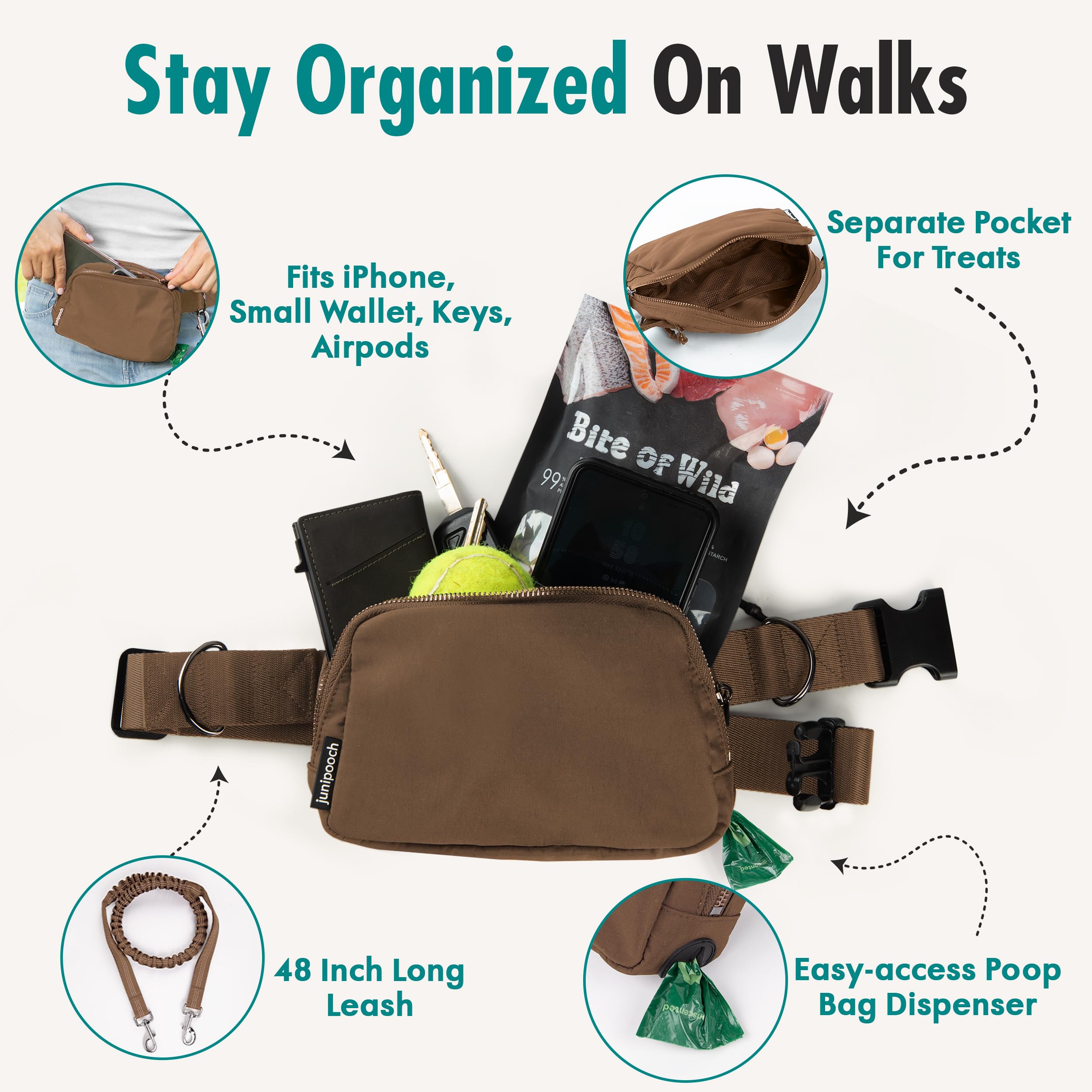 JUNIPOOCH shock-absorbing leash reduces pulls for smoother strolls with your dog.