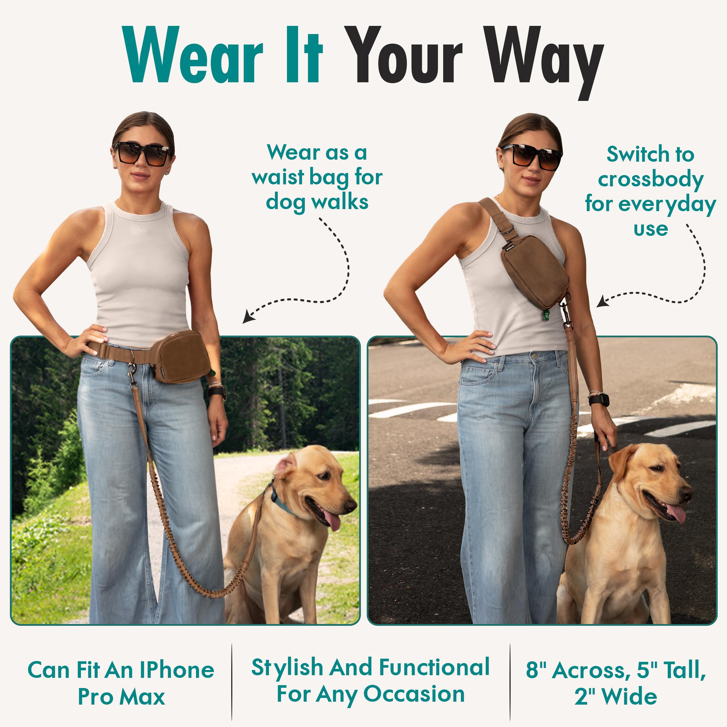 JUNIPOOCH waist bag crossbody wear demonstrates versatile, hands-free wear for daily outings.