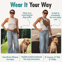 JUNIPOOCH waist bag crossbody wear demonstrates versatile, hands-free wear for daily outings.