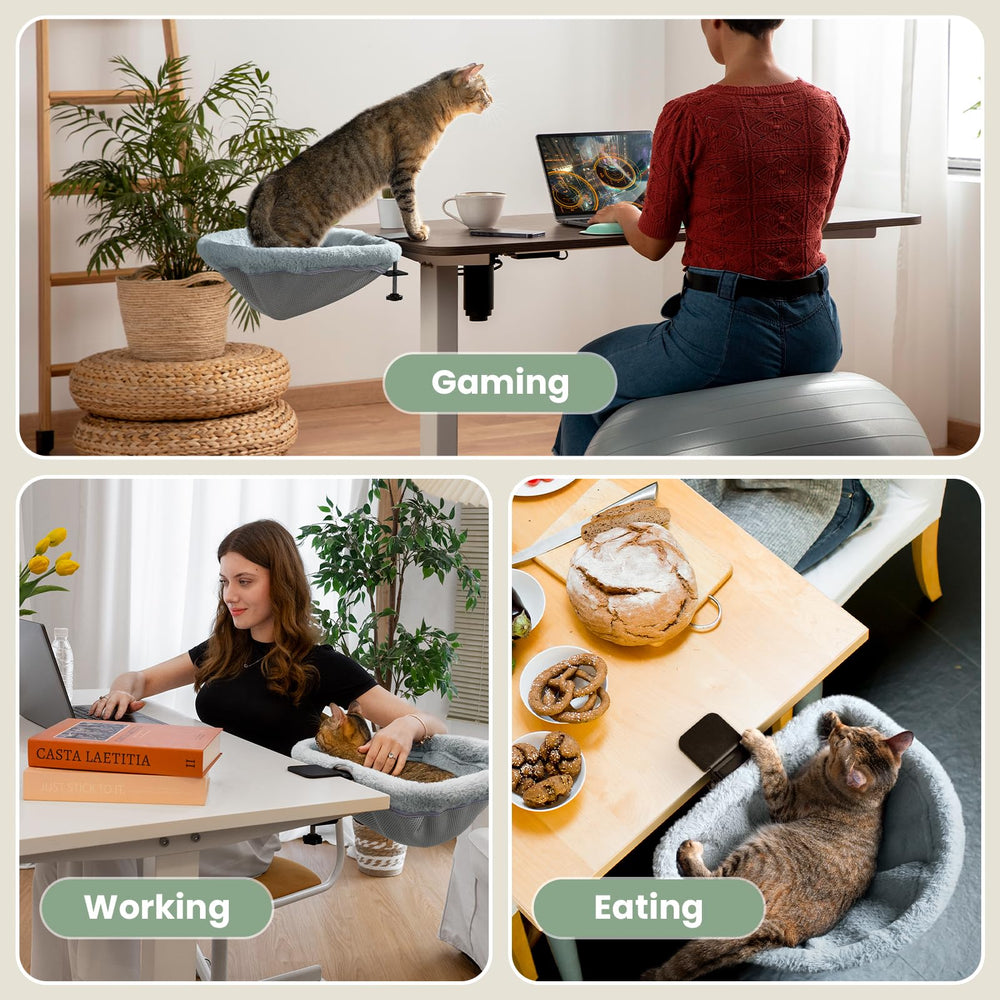 JUNSPOW cat desk bed desktop compatibility fits many desk setups.