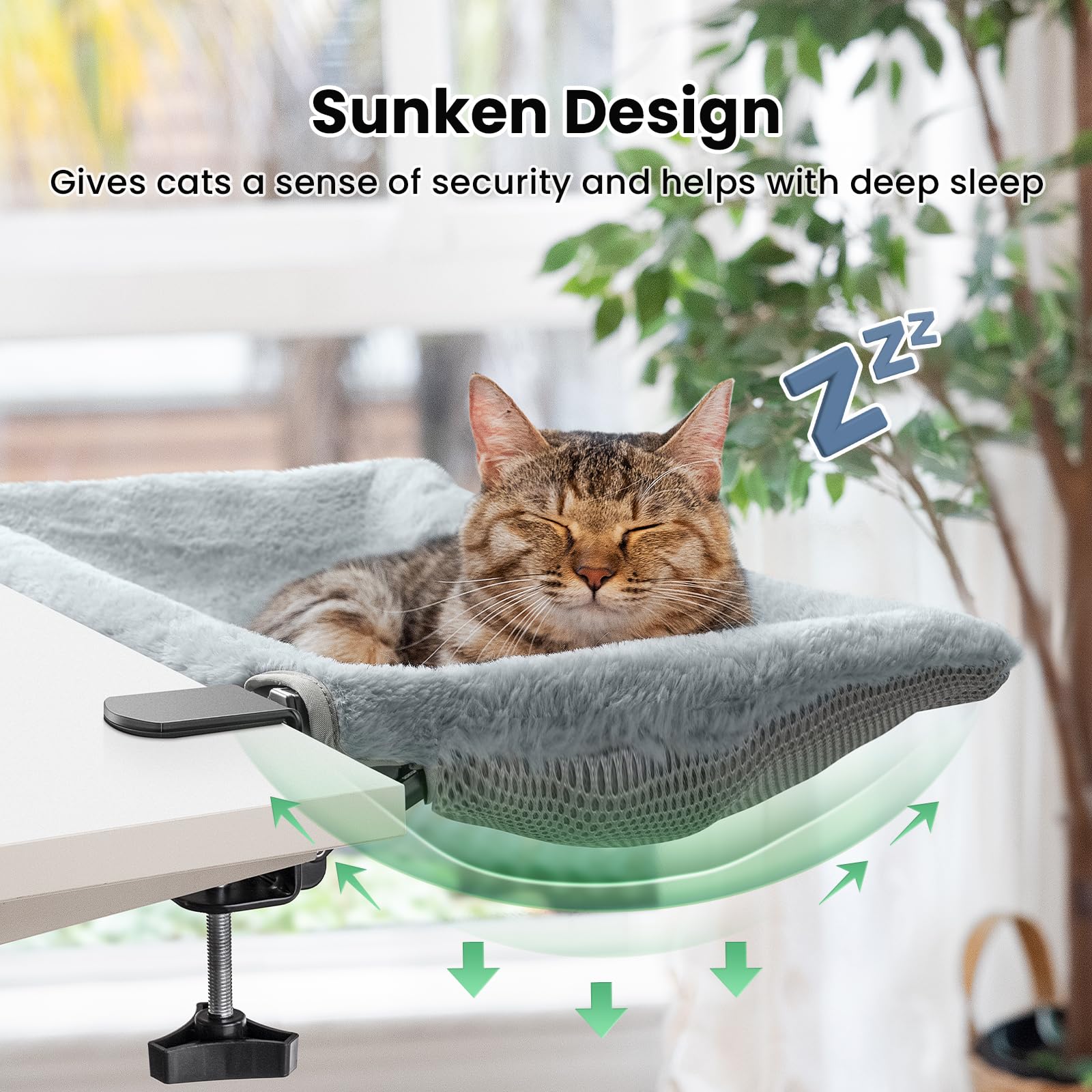 JUNSPOW cat desk bed double-clamp keeps the setup stable on varied desks