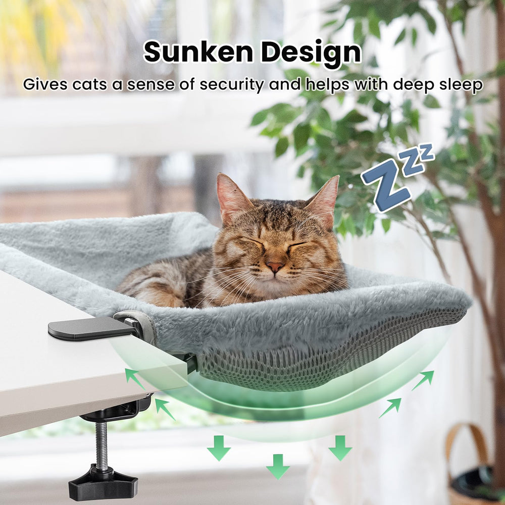 JUNSPOW cat desk bed double-clamp keeps the setup stable on varied desks
