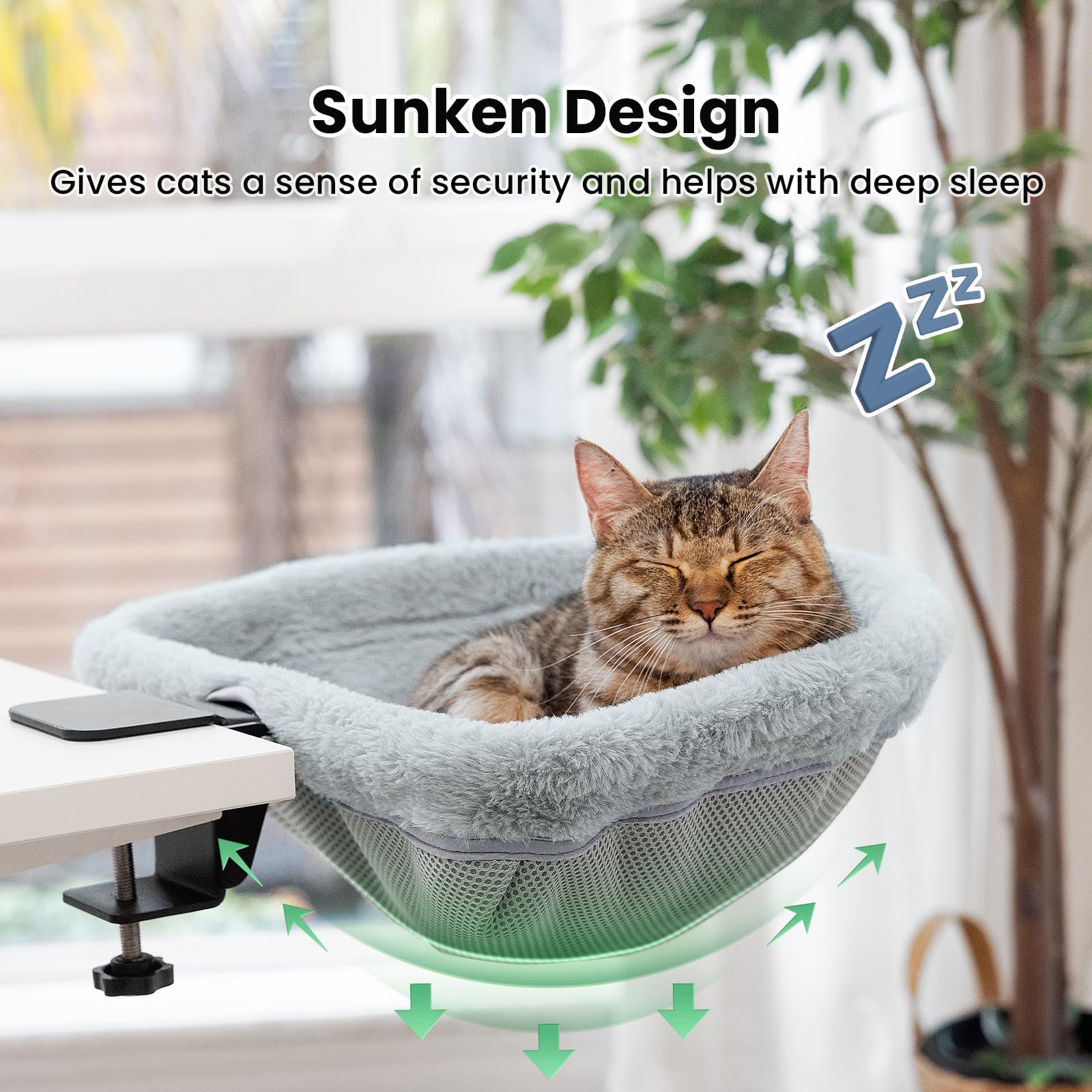 JUNSPOW cat desk bed sunken design for secure cat naps.