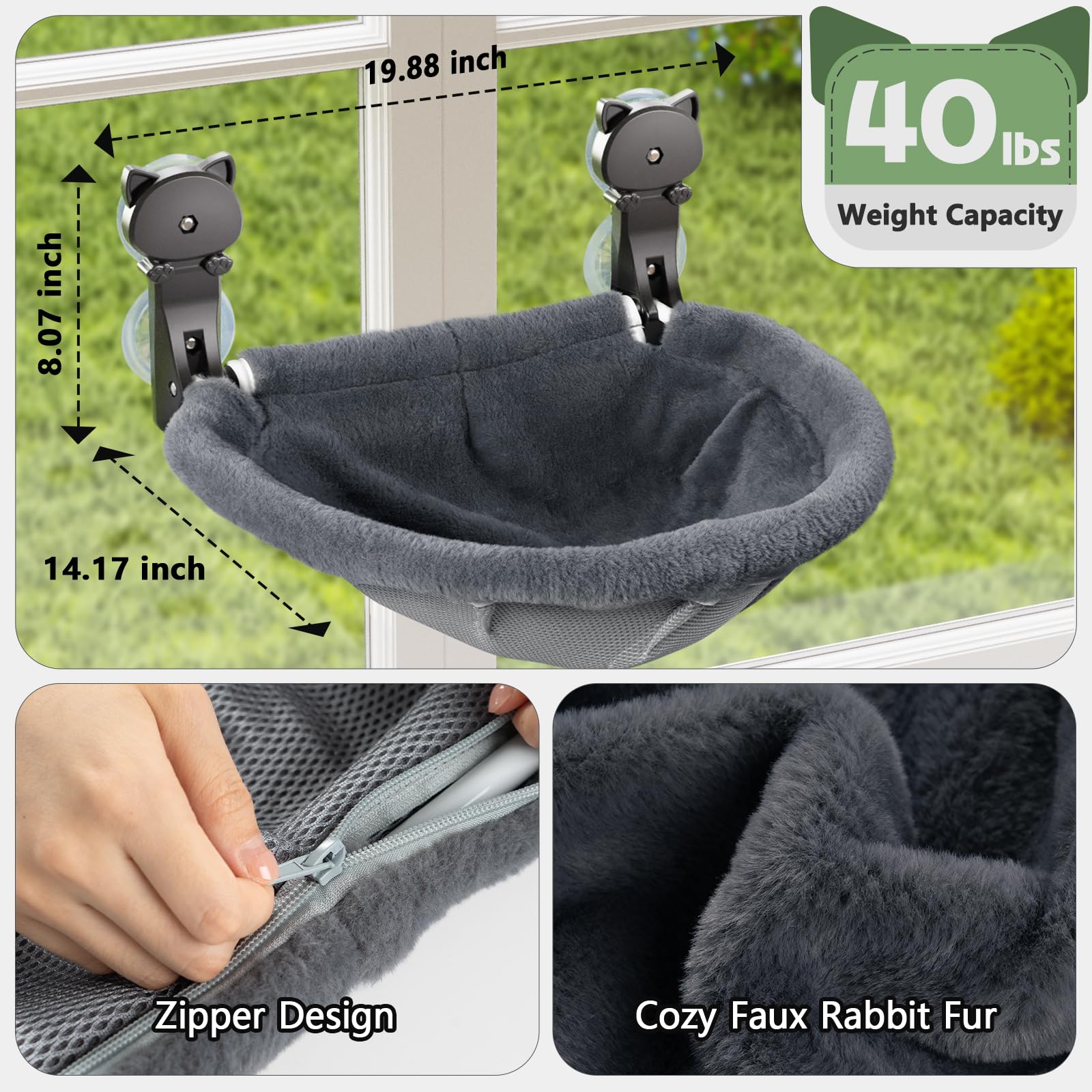 JUNSPOW cat window perch faux rabbit fur cover adds warmth during colder days.