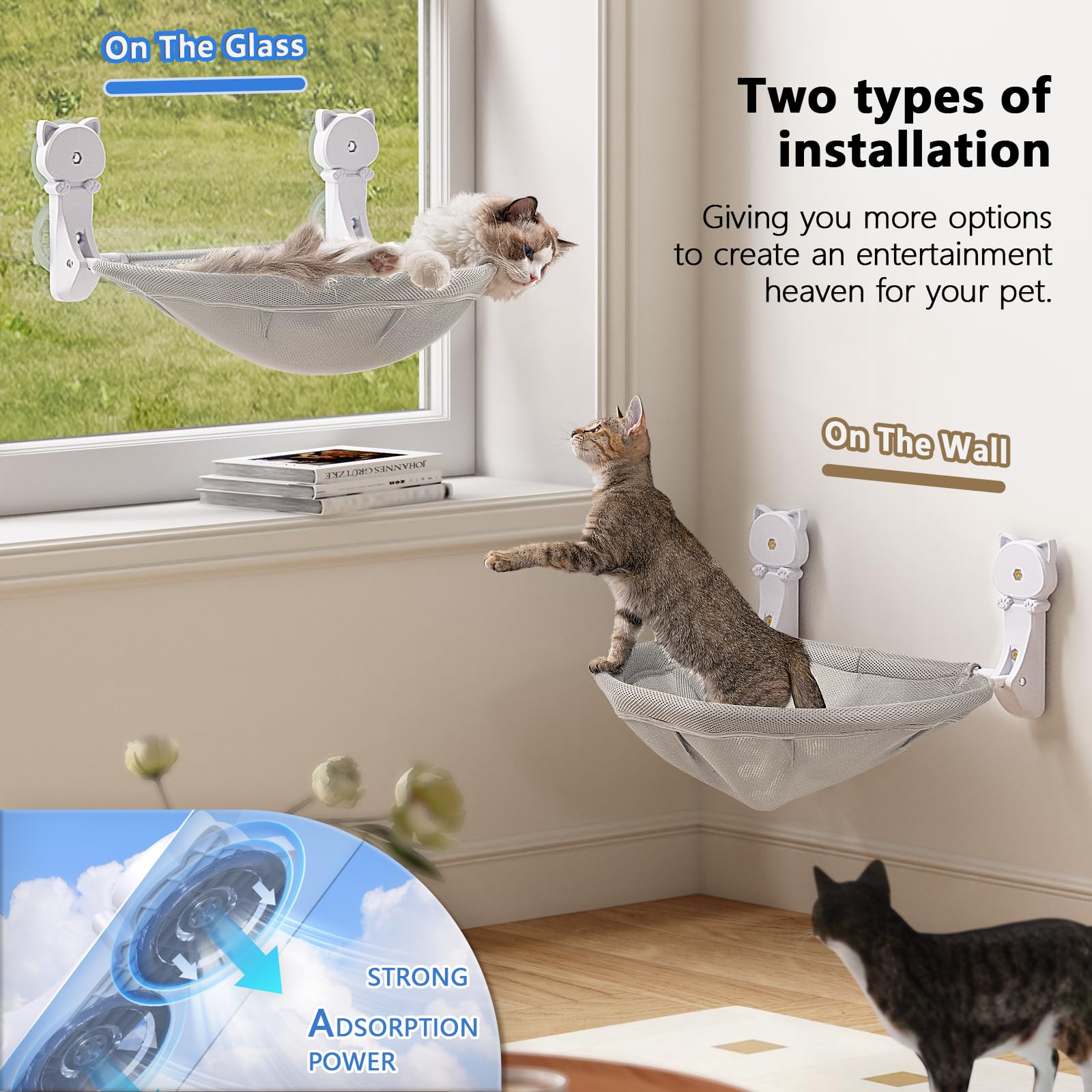 JUNSPOW cat window perch with four suction cups ensures secure mounting.