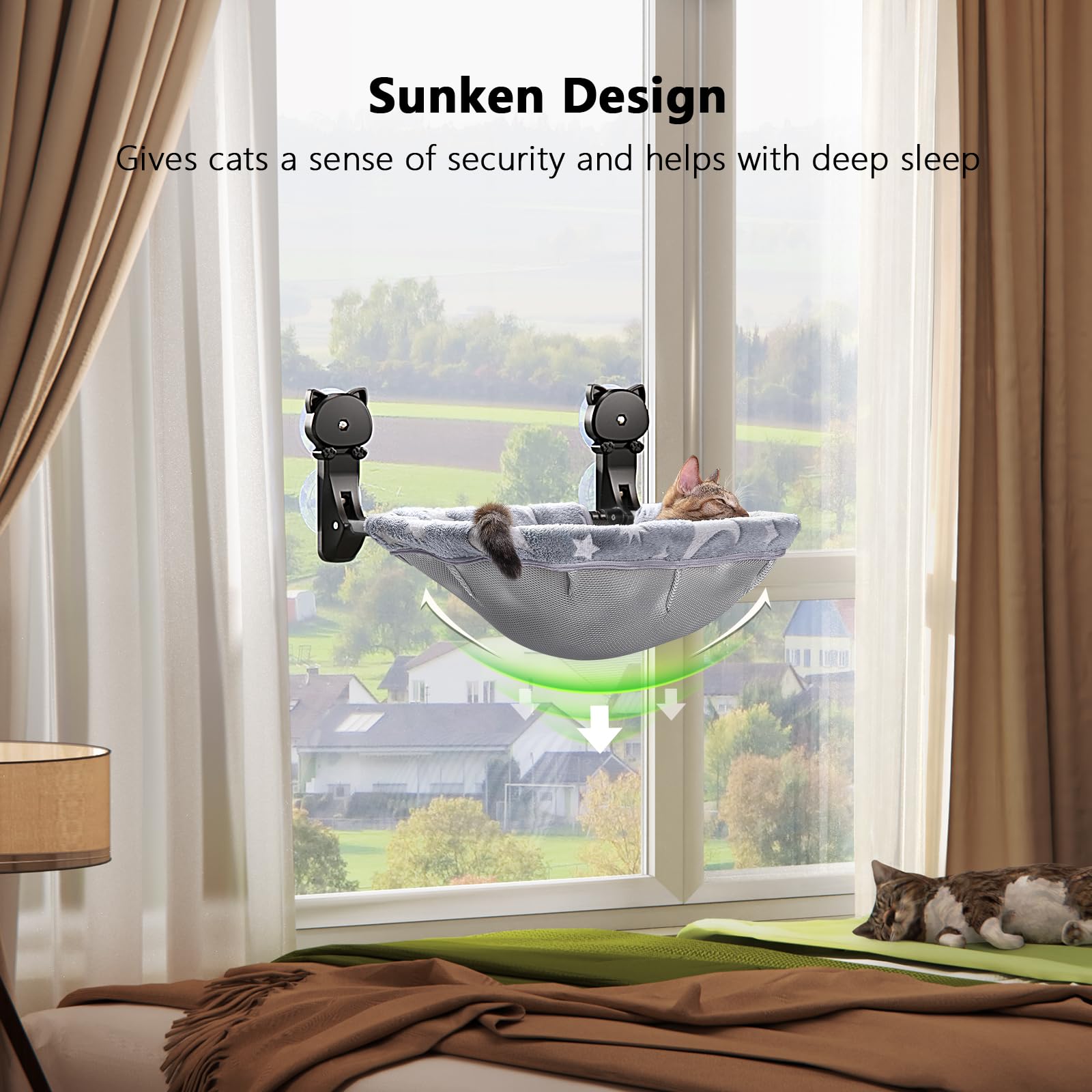 JUNSPOW cat bed shows four strong suction cups supporting up to 40 lb.