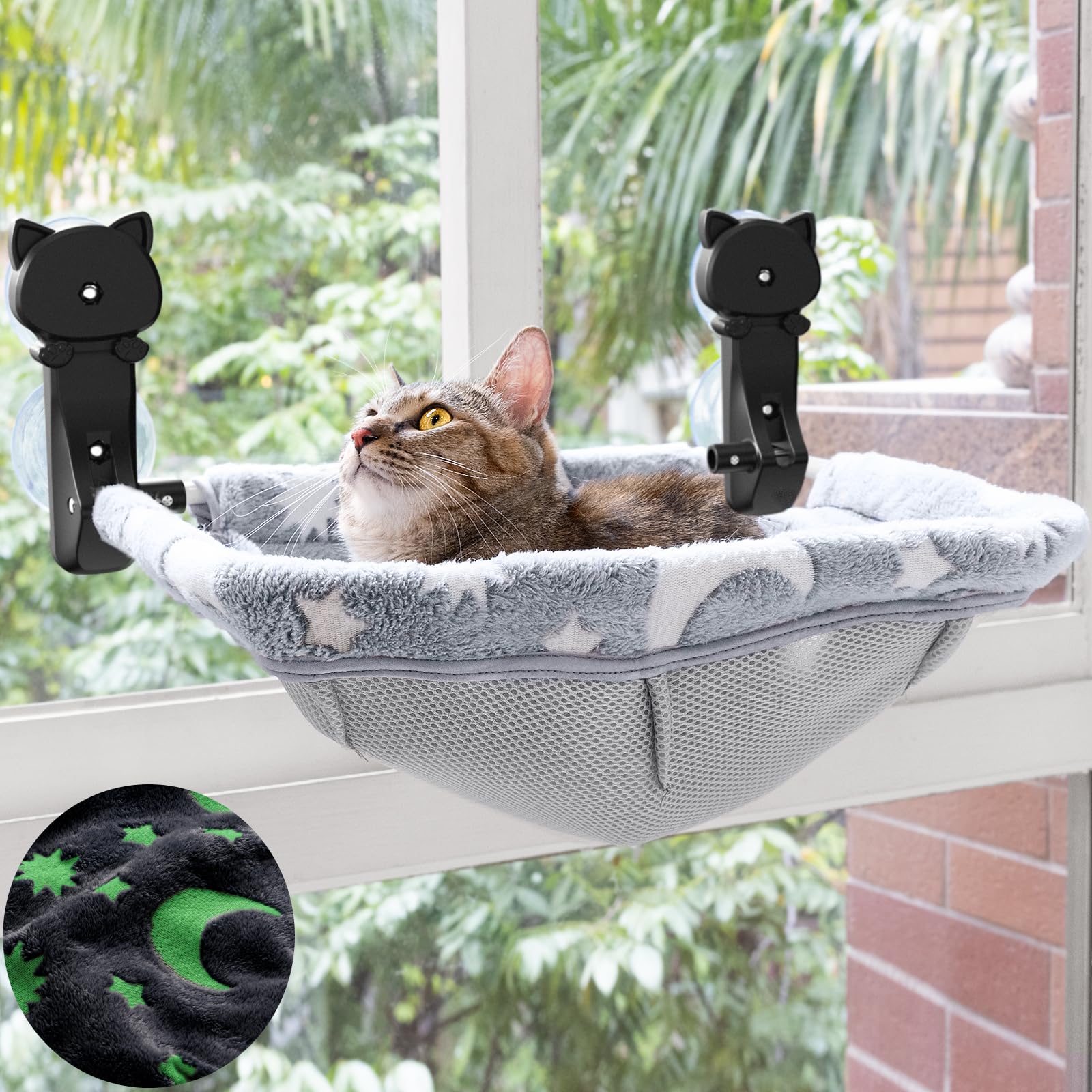 JUNSPOW cat window perch setup showing sturdy suction cups securing a safe lounging spot.