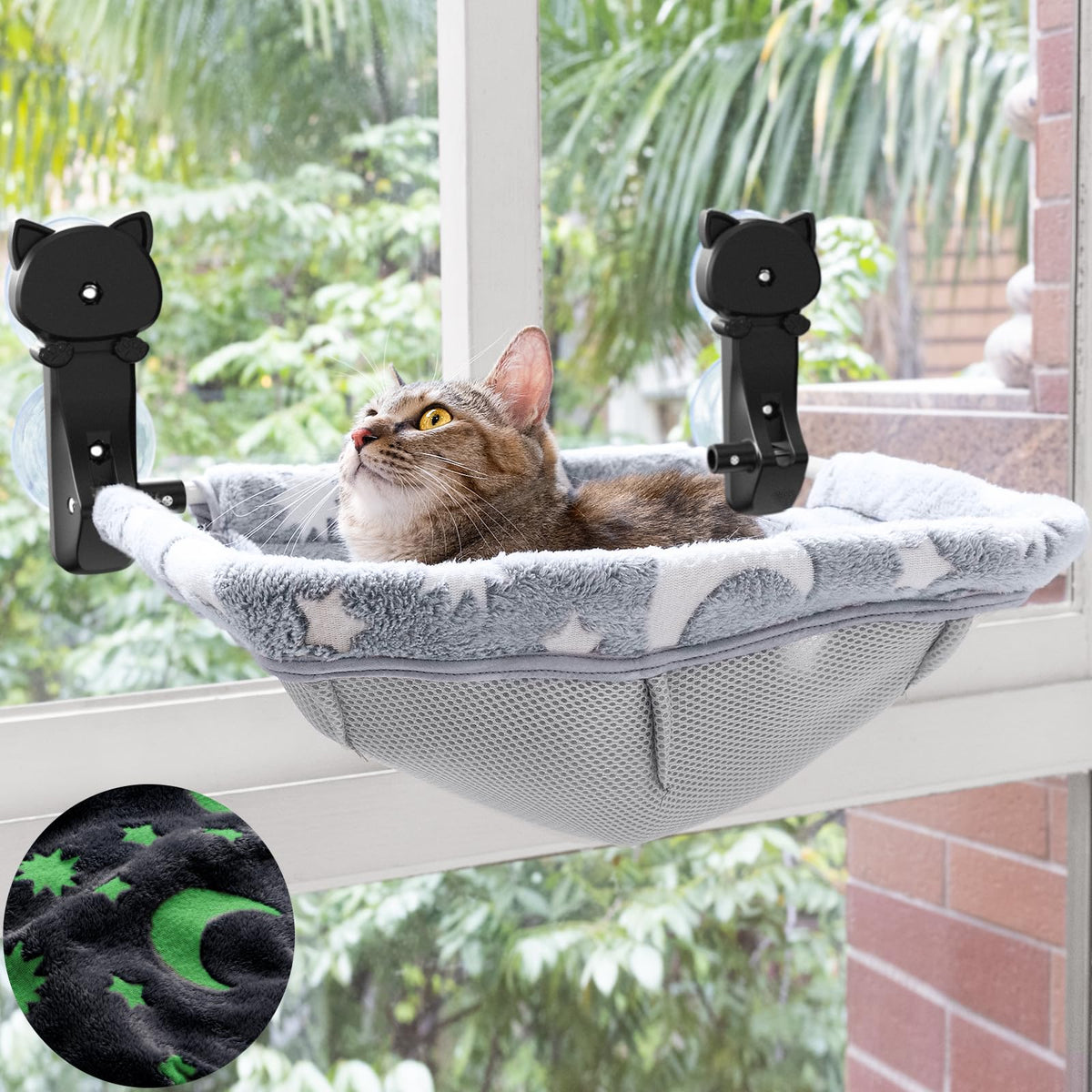 JUNSPOW cat window perch setup showing sturdy suction cups securing a safe lounging spot.