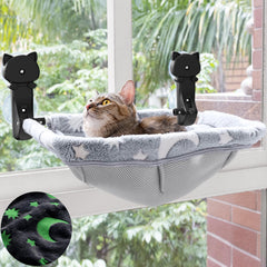 JUNSPOW cat window perch setup showing sturdy suction cups securing a safe lounging spot.