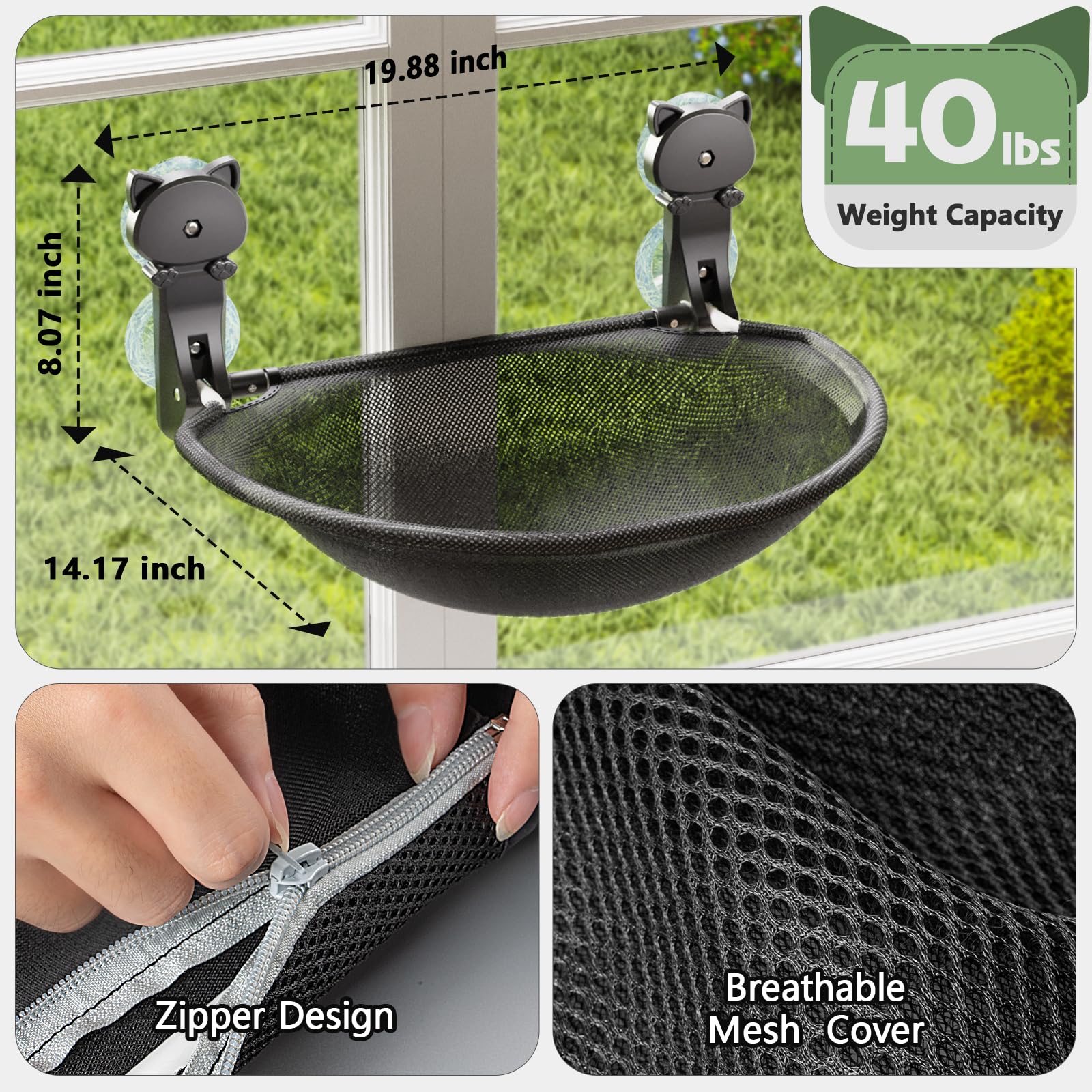 JUNSPOW cat window perch zipper design with removable cover for easy cleaning
