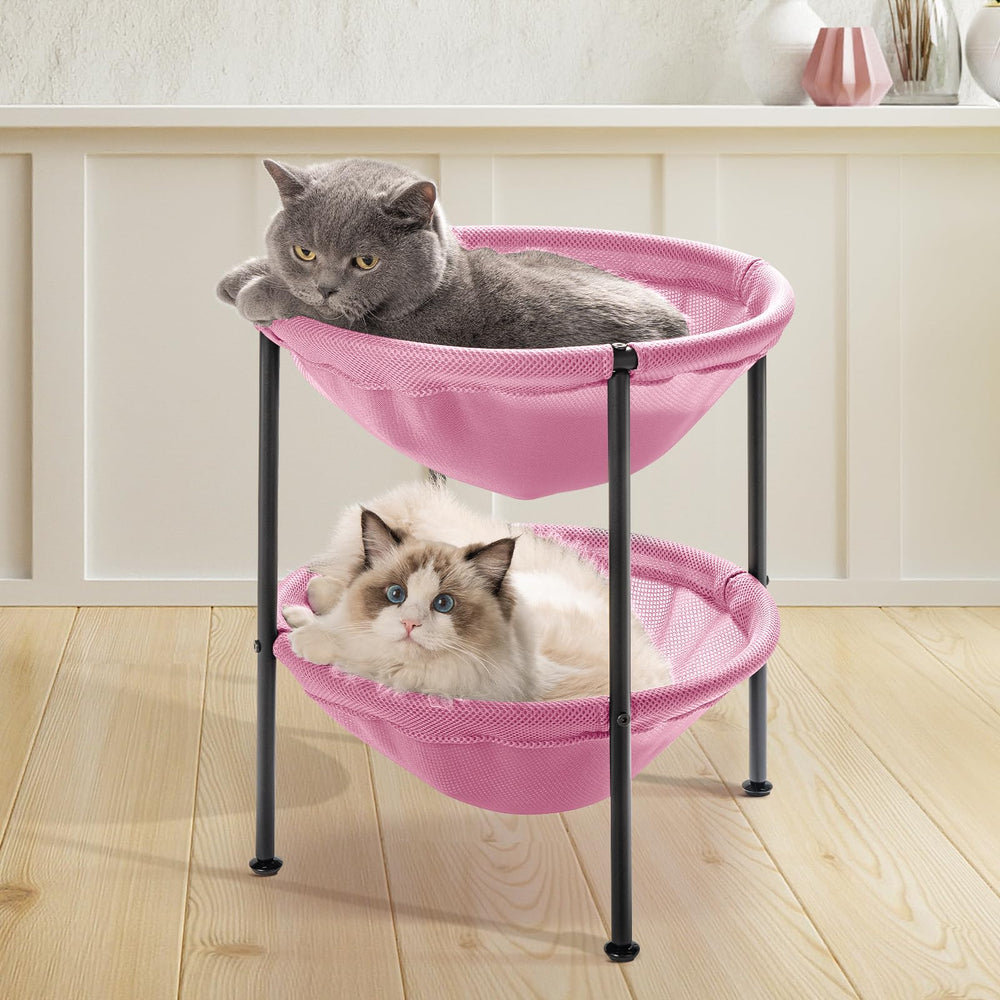JUNSPOW double-deck cat bed pink front view supports two cats with cozy double layers