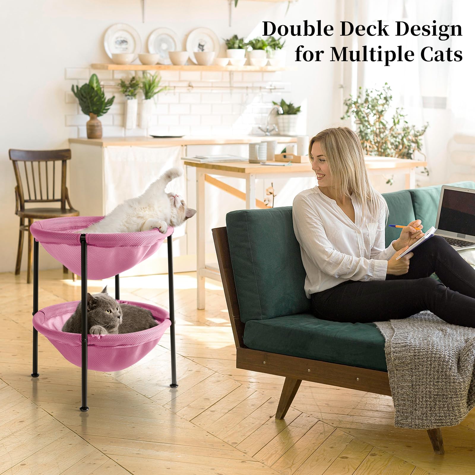 JUNSPOW double-deck cat bed pink top view shows spacious upper and lower sleeping areas